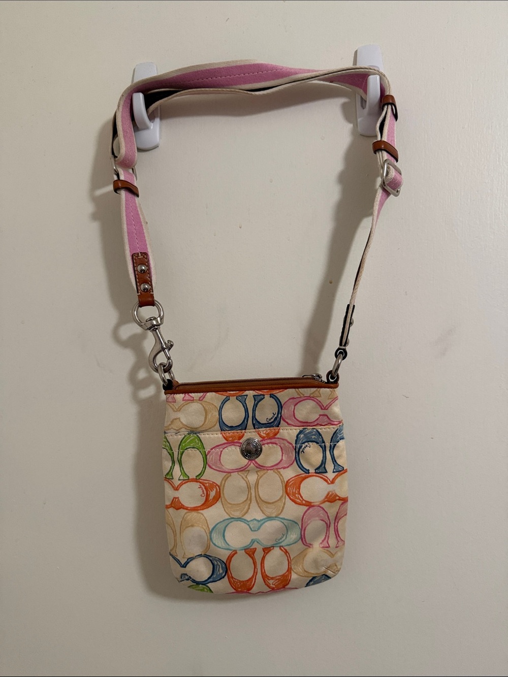 Coach Multicolor Signature Crossbody Bag with Pink Strap